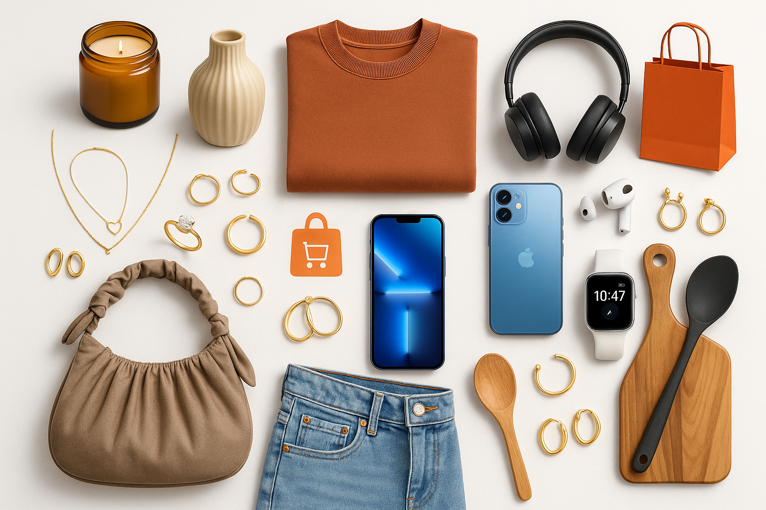 create image with home essiansels and gadgets and jwellery , apparels with the theme of ecommerce 